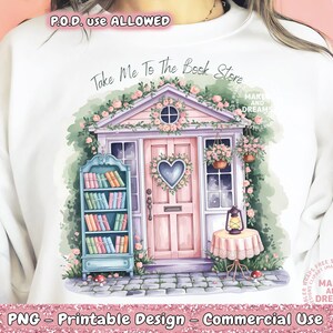 Puede incluir: Una ilustración de acuarela de una cabaña rosa y blanca con una estantería y una linterna. El texto "Take Me To The Book Store" está escrito sobre la cabaña. La imagen está sobre un fondo blanco.