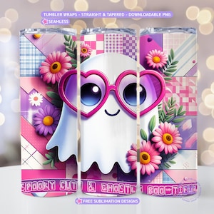 May include: A set of three tumblers with a cute ghost design. The ghost wears heart-shaped glasses and is surrounded by pink and purple flowers. The tumblers have a patchwork background with the words "SPOOKY CUTIE & GHOSTLY BOO-TIFUL".