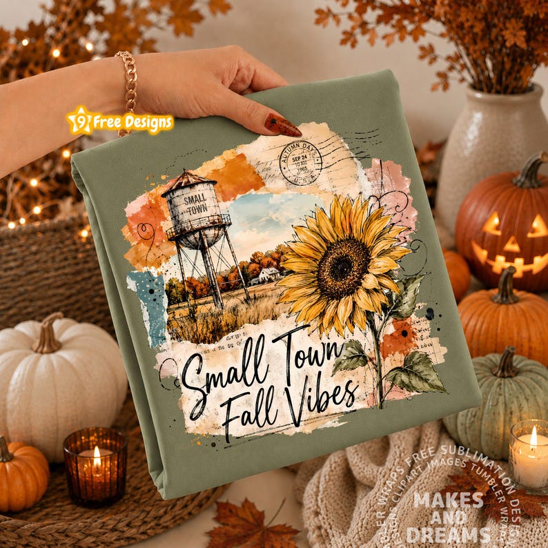 May include: An olive green fabric featuring a printed design of a water tower labeled Small Town, a large yellow sunflower, and the text Small Town Fall Vibes. The graphic includes watercolor-style splashes and a vintage postmark stamp.