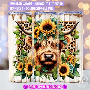 May include: A sublimation design featuring a Highland cow with a floral crown and a leopard print background. The design is perfect for creating custom tumblers.