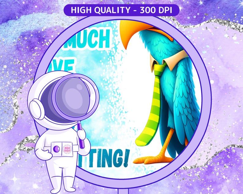 May include: A blue bird with a green and yellow striped tie is looking down. The bird is in a circle with the words "Much Love Knitting!" around it. A cartoon astronaut with a magnifying glass is looking at the bird.