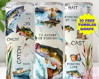 May include: A seamless design for a tumbler wrap featuring a watercolor illustration of fishing themed imagery. The design includes a fisherman, fish, fishing rods, and text that says "I'd rather be fishing", "Bait", "Fishing my car", "Cast", "Fishing Life", "Troll", "Chum", "Catch", "Reel", "Jig", and "Hook".