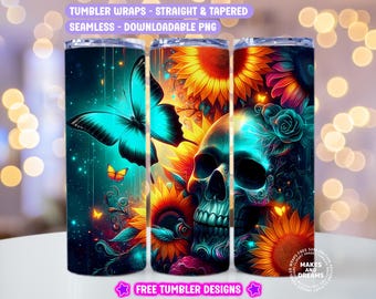 Skull Butterfly Tumbler Wrap 20oz Sunflowers and Butterflies Sublimation Design Digital Download PNG Skeleton Sublimation Wrap Seamless Png