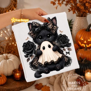 Preppy Ghost Coquette Png, Bow Ghost Shirt Cute Fall Sublimation Design Girly Halloween Dtf Graphic Black Cat Png Ghostly Halloween Digital