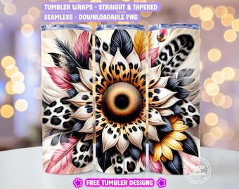Sunflowers Leopard 20oz Skinny Tumbler Wrap, Floral Sublimation Tumbler Design, Leopard Print Flower Digital Download