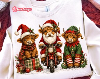 Funny Christmas Highland Cow Png, Cute Highlander Cow Christmas Sublimation Design for Shirt Santa Claus Trendy Digital Download Dtf Graphic