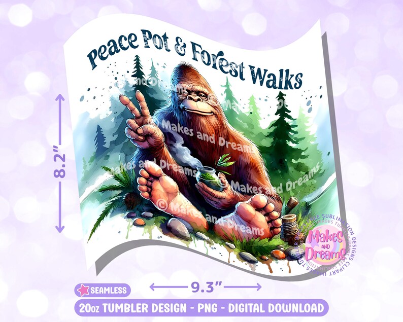 Puede incluir: Un dise&ntilde;o de vaso de 20 oz con un Bigfoot de dibujos animados sosteniendo una taza de t&eacute; en un entorno de bosque. El dise&ntilde;o incluye el texto "Peace Pot & Forest Walks".