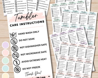 Puede incluir: Una hoja de instrucciones de cuidado imprimible para vasos. La hoja tiene un fondo rosa y blanco con texto negro e iconos. El texto dice "Instrucciones de cuidado del vaso" e incluye instrucciones como "Lavar solo a mano", "No remojar", "No apto para lavavajillas", "No apto para microondas", "Evitar el calor extremo" y "No congelar". La hoja también incluye un mensaje de agradecimiento y las palabras "Hecho a mano con amor".