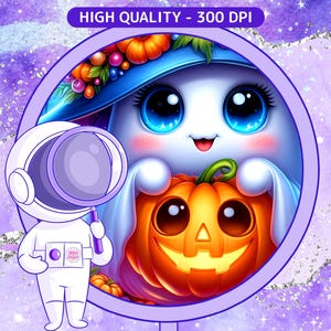 Puede incluir: Ilustraci&oacute;n de dibujos animados con tem&aacute;tica de Halloween con un fantasma sosteniendo una calabaza tallada. El fantasma lleva un sombrero azul adornado con flores y bayas. Tambi&eacute;n hay un astronauta con una lupa. El texto "HIGH QUALITY - 300 DPI" es visible.