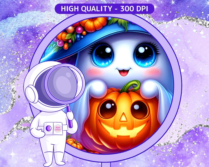 Puede incluir: Ilustraci&oacute;n de dibujos animados con tem&aacute;tica de Halloween con un fantasma sosteniendo una calabaza tallada. El fantasma lleva un sombrero azul adornado con flores y bayas. Tambi&eacute;n hay un astronauta con una lupa. El texto "HIGH QUALITY - 300 DPI" es visible.