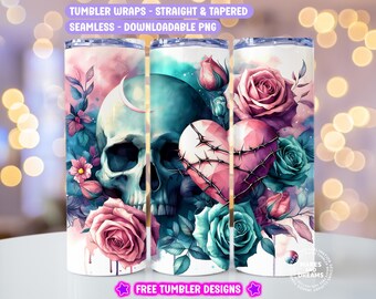 Skull Roses Hearts Tumbler Wrap, Gothic Skull 20 oz Skinny Sublimation Tumbler Design, Spooky Skeleton PNG Seamless Tumbler Wrap Png Digital