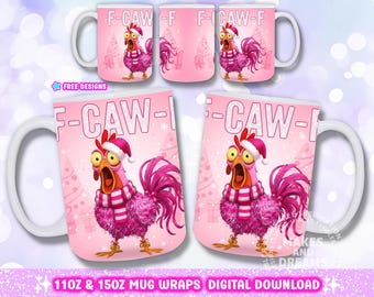 F-Caw-F Mug Design Sarcastic Merry Christmas Funny Santa Chicken Meme 11oz 15oz Mug Wrap Sublimation Png Screaming Rooster Humor Crazy Hen