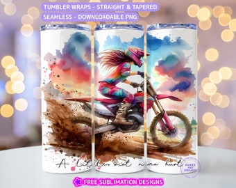 May include: A watercolor design featuring a woman riding a dirt bike on a dirt track. The design includes a sunset sky with clouds and the text "A little dirt never hurt".