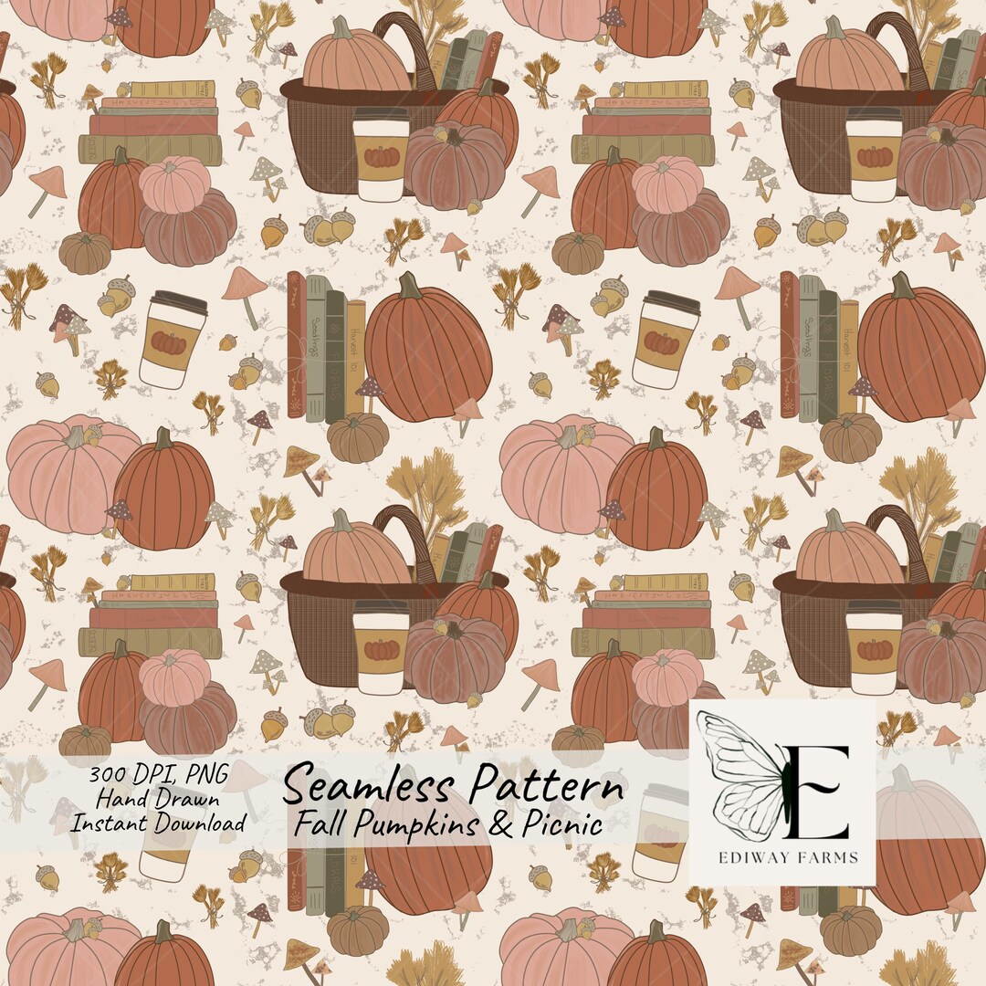 Fall Pumpkin Picnic Seamless Pattern: Cottagecore Fabric Design (PNG ...