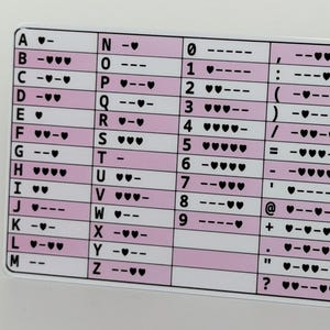 May include: A white and pink Morse code reference card. The card displays the Morse code alphabet, numbers, and symbols. The text "Morse Code" is printed vertically on the right side of the card.