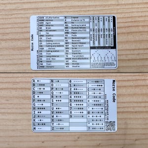 The front and back of the Morse Code plastic card. The front has with a grid of four columns and thirteen rows. The first two columns have the letters A-Z and their Morse code. The third column has numbers and their Morse code. The fourth column has special symbols and their Morse code.

The back has a table of common CW abbreviations, a small table of prosigns, and a reverse lookup tree for Morse code letters.