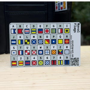 Könnte beinhalten: Eine rechteckige Karte mit einem Raster von Marineflaggen, die jeweils einen Buchstaben oder eine Zahl darstellen. Die Karte ist mit "Naval Flags" beschriftet. Die Karte befindet sich neben einer schwarzen Ledergeldbörse. Maße sind nicht zutreffend.