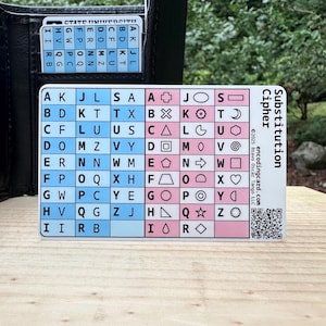 May include: A white and blue cipher card with a substitution key, featuring letters and symbols. The card is labeled "Substitution Cipher" and includes a QR code. It is displayed on a wooden surface.