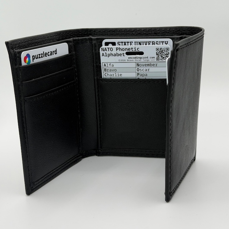 Plastic card titled "NATO Phonetic Alphabet" inside a wallet pocket.