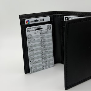 Plastic card titled "NATO Phonetic Alphabet" leaning against a wallet pocket.
