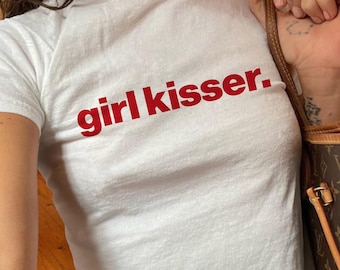 Girl Kisser Baby Tee, Funny Lesbian Womens Shirt, Y2k 2000s Cropped Top, Queer Pride Top, Cute Baby Tee For Gen Z Women