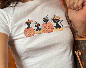 Halloween Cats Pumpkin Baby Tee, Cute Halloween Party Graphic Shirt, Fall Season Y2K Cropped Top, Baby Tee For Her