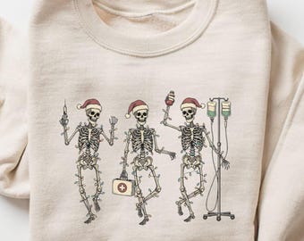 Camiseta engraçada de enfermeira de Natal, moletom de dança de enfermeira esqueleto, moletom engraçado de enfermeira esqueleto, moletom com capuz de árvore de estetoscópio de Natal de enfermeira