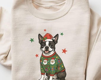 Moletom de Natal com estampa de Boston Terrier, Suéter para Cachorro Boston Terrier, Presente para Amante de Boston Terrier, Camiseta para Dono de Boston Terrier