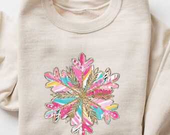 Colorful Glitter Christmas Snowflake Sweatshirt, Sparkly Christmas Sweater, Bright Holiday Shirt, Shiny Xmas Graphic Tee, Snowflake Xmas