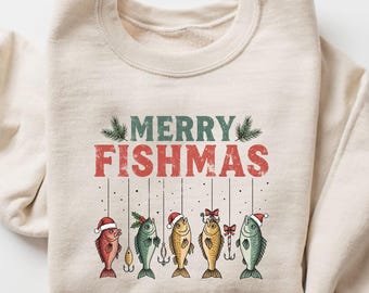 Felpa con albero di Natale Merry Fishmas, regalo di Natale per la pesca, maglietta di Natale retrò da pescatore, regalo per gli amanti della pesca, felpa di Natale da pescatore