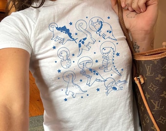 Dinos in Space Baby Tee, Funny Dinosaur Tshirt, Y2K Cropped Baby Tee, Aesthetic Graphic Retro Vintage T Shirt, Funny Gift, Dino Womens Tee