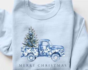 Christmas Truck Shirt, Chinoiserie Christmas Jumper, Merry Christmas Sweater, Christmas Gift for Her, Preppy Christmas T Shirt for Women