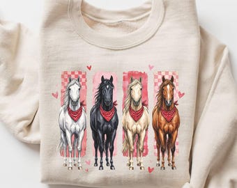 Valentinstag Pferde Sweatshirt, Pferdeliebhaber Valentinstag Geschenk, Western Herz Rundhalsausschnitt, Reiterpullover, Pferd Mädchen Geschenk