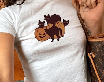 Black Cats Halloween Baby Tee, Cute Pumpkin Cat Shirt, Spooky Season Graphic Tee, Vintage Y2K Halloween Top, Fall Aesthetic Crop Tee