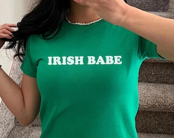 Irish Babe Baby Tee, Funny St. Patrick's Day Shirt, Y2K Coquette Baby Tee, Ireland Shirt, St Paddys Baby Tee, Irish Graphic Tee