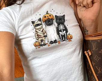 Halloween Cats Baby Tee, Black Cat Graphic Crop Top, Spooky Cute Womens Shirt, Y2K Vintage Style Tee, Trick or Treat Party Outfit
