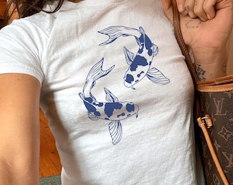 Baby-T-shirt koivissen, retro T-shirt met grafische print, Lucky Japanese-shirt, esthetische baby-T-shirt vrouwen, Y2K crop top, cool meisjesshirt, zomertop