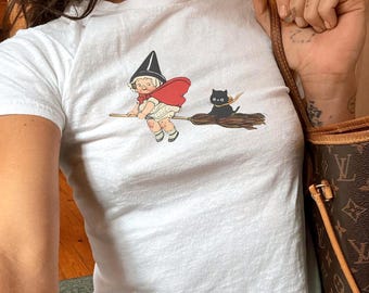 Vintage Witch and Black Cat Baby Tee, Retro Halloween Womens Shirt, Cute Y2K Graphic Top, 90s Aesthetic Baby Tee, Trick or Treat Tee