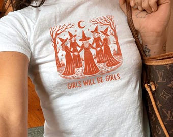 Girls Will Be Girls Baby-T-shirt, Witchy Baby-T-shirt, feministisch shirt voor vrouwen, Halloween Esthetic Top, Y2K Graphic Crop Top Tee, Graphic T-shirt