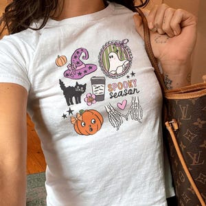 Spooky Season Baby Tee with Ghost Pumpkin Witch Hat and Skeleton Hands, Halloween Aesthetic Y2K Crop Top for Her, Halloween Shirt