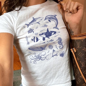 Sea Animals Baby Tee, Ocean Pattern Shirt, Cute Marine Life Tee, Y2K Aesthetic Baby Tee, Whale Dolphin Graphic Tee, Aquarium Gift Shirt