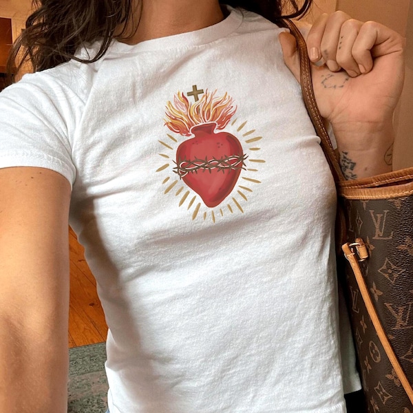 Sacred Heart Baby Tee, Y2k Baby Tee, Aesthetics, 90s style Baby Tee, Coquette Clothing, Trending Shirts, Cyber y2k , Crop Top
