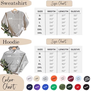 May include: A product image featuring a gray sweatshirt and a gray hoodie, both displayed on hangers. Size charts for both garments are included, detailing width, length, and sleeve measurements in inches. A color chart displays various color options.