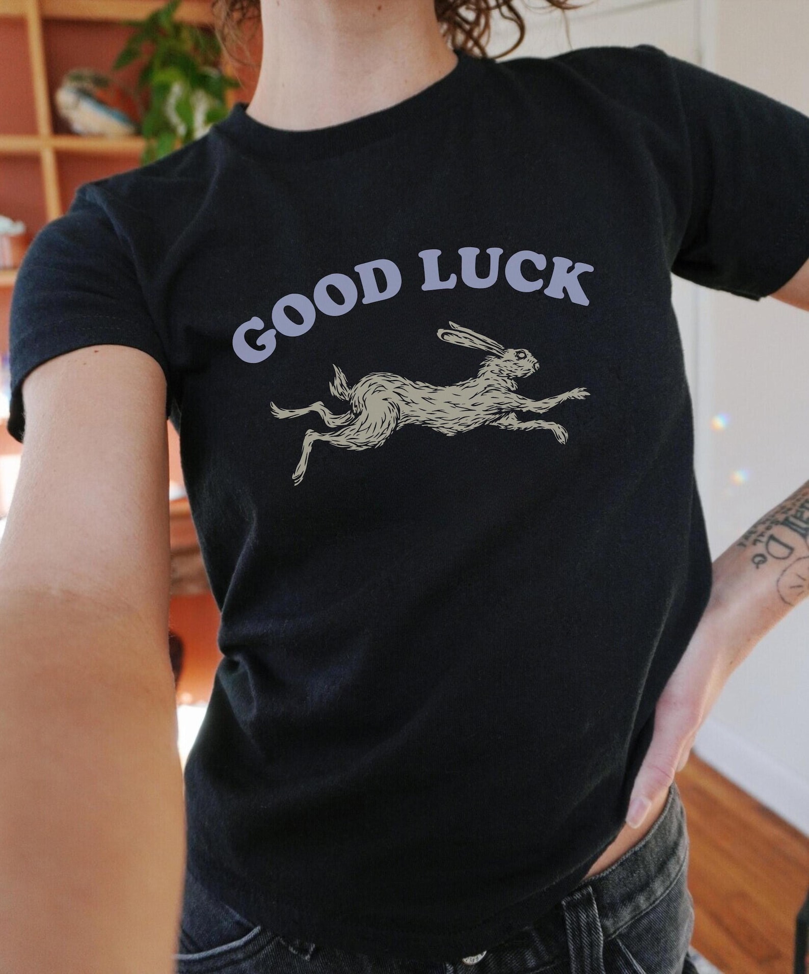 Good Luck Rabbit Baby Tee, Lucky Graphic Tee for Women, Retro Western ...