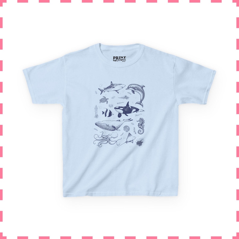 Camiseta de bebé con animales marinos, camiseta con estampado oceánico, camiseta con vida marina, camiseta estética Y2K, camiseta con estampado de ballena y delfín, camiseta de regalo para acuario Light Blue