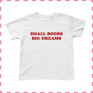 May include: A white t-shirt with the red text "SMALL BOOBS BIG DREAMS" printed across the front. The shirt has short sleeves and a crew neck. The t-shirt is made of a soft, comfortable material.