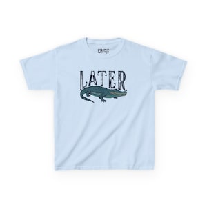Flat lay of light blue "Later Gator" Vintage 90s Y2K Baby Tee.