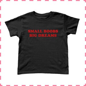May include: Black t-shirt with the red text "SMALL BOOBS BIG DREAMS". The shirt is made of a soft material and has a crew neck. The text is centered on the front of the shirt.