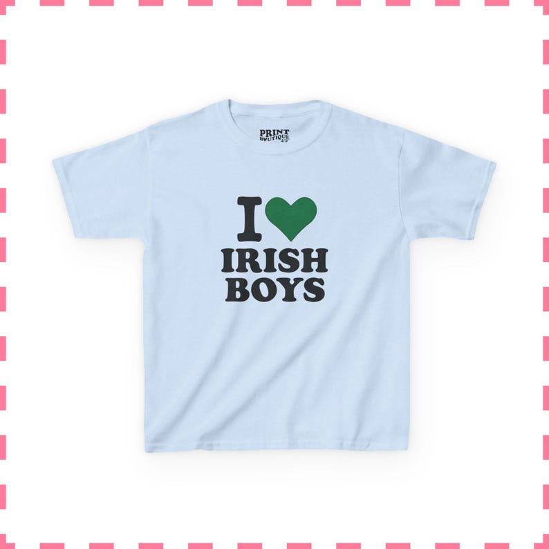 I Love Irish Boys Baby Tee, St Patricks Day Shirt, Cute Irish Graphic Tee, Y2K Baby Tee, Retro 90s Crop Top, Women's Lucky Shirt Light Blue