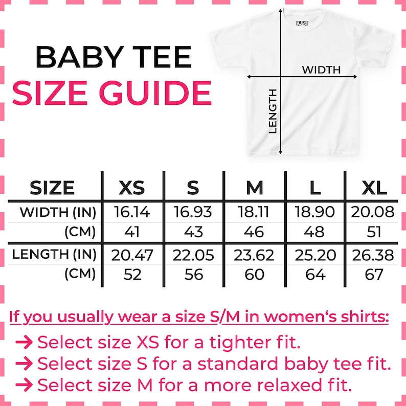 Op de afbeelding: Witte baby t-shirt maattabel met afmetingen in inches en centimeters. Maten vari&euml;ren van XS tot XL, met breedtes van 41 tot 51 cm en lengtes van 52 tot 67 cm. Inclusief maataanbevelingen.